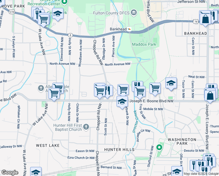 map of restaurants, bars, coffee shops, grocery stores, and more near 1350 Mayson Turner Road Northwest in Atlanta