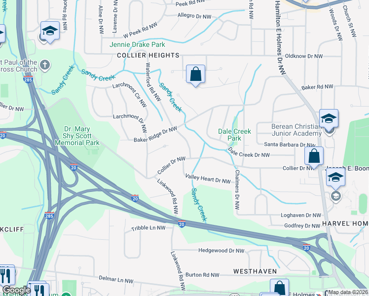 map of restaurants, bars, coffee shops, grocery stores, and more near 362 Waterford Road Northwest in Atlanta
