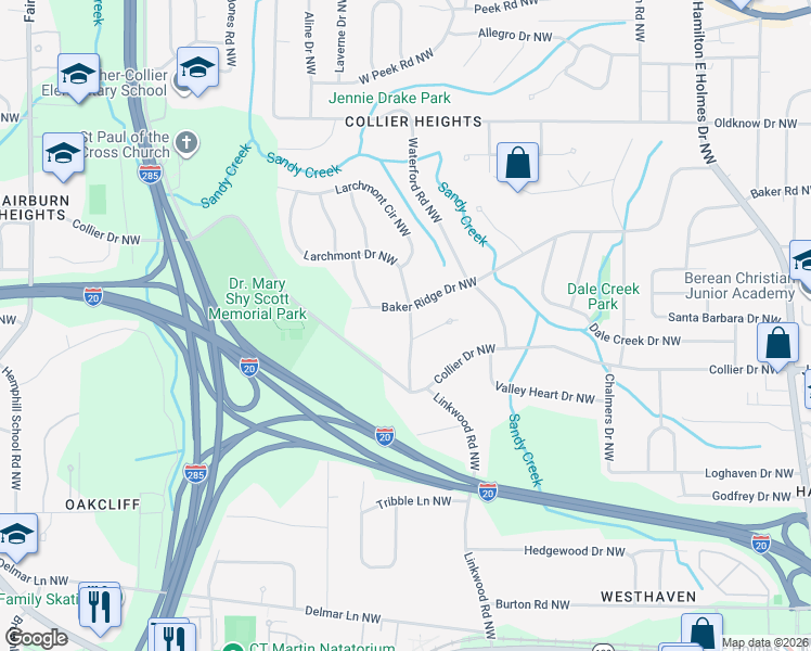 map of restaurants, bars, coffee shops, grocery stores, and more near 2994 Baker Ridge Drive Northwest in Atlanta