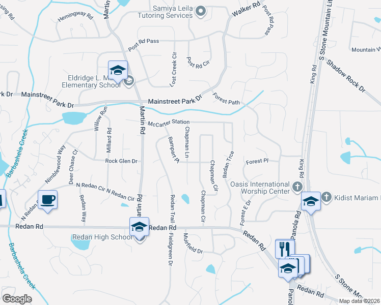 map of restaurants, bars, coffee shops, grocery stores, and more near 1007 Chapman Lane in Stone Mountain