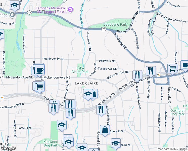 map of restaurants, bars, coffee shops, grocery stores, and more near 401 Claire Drive Northeast in Atlanta