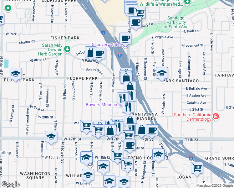 map of restaurants, bars, coffee shops, grocery stores, and more near 2115 North Broadway in Santa Ana