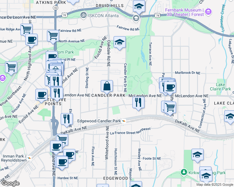 map of restaurants, bars, coffee shops, grocery stores, and more near 1436 McLendon Avenue Northeast in Atlanta