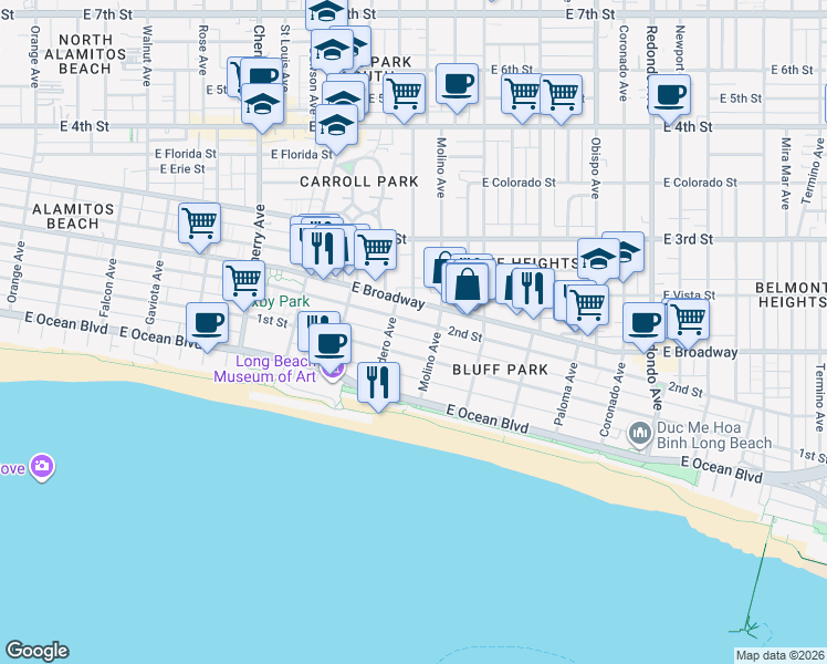map of restaurants, bars, coffee shops, grocery stores, and more near 2nd Street in Long Beach