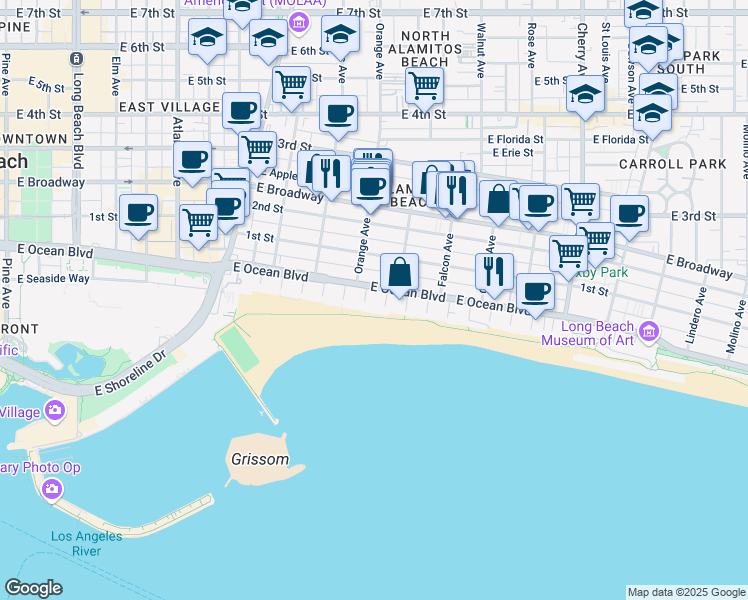 map of restaurants, bars, coffee shops, grocery stores, and more near 1230 East Ocean Boulevard in Long Beach