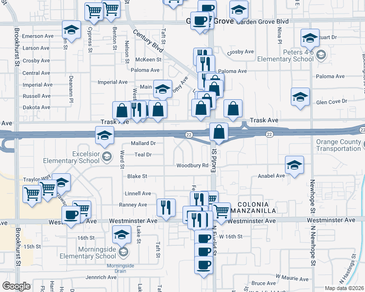 map of restaurants, bars, coffee shops, grocery stores, and more near 13622 Lombardy Road in Garden Grove