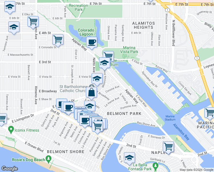 map of restaurants, bars, coffee shops, grocery stores, and more near 5208 E Vista St in Long Beach