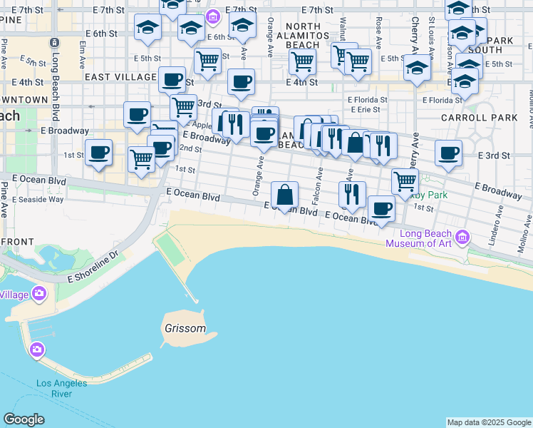map of restaurants, bars, coffee shops, grocery stores, and more near 32 7th Place in Long Beach