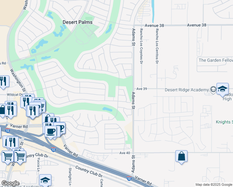 map of restaurants, bars, coffee shops, grocery stores, and more near 39095 Brandywine Avenue in Palm Desert