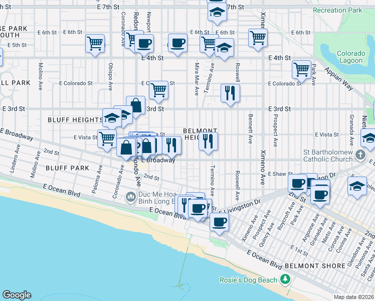 map of restaurants, bars, coffee shops, grocery stores, and more near 236 N Grand Ave in Long Beach