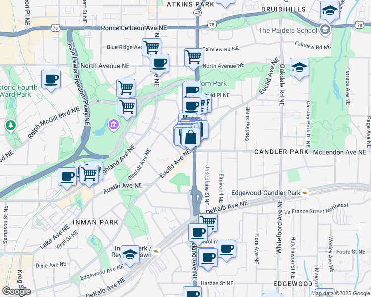 map of restaurants, bars, coffee shops, grocery stores, and more near in Atlanta