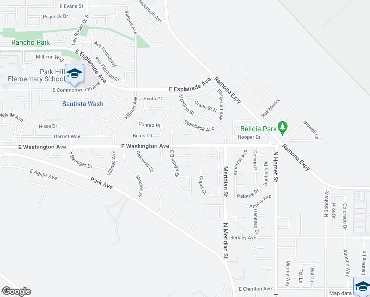 map of restaurants, bars, coffee shops, grocery stores, and more near 1642 East Washington Avenue in San Jacinto