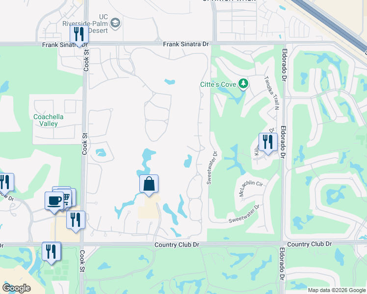 map of restaurants, bars, coffee shops, grocery stores, and more near 123 Villa Court in Palm Desert