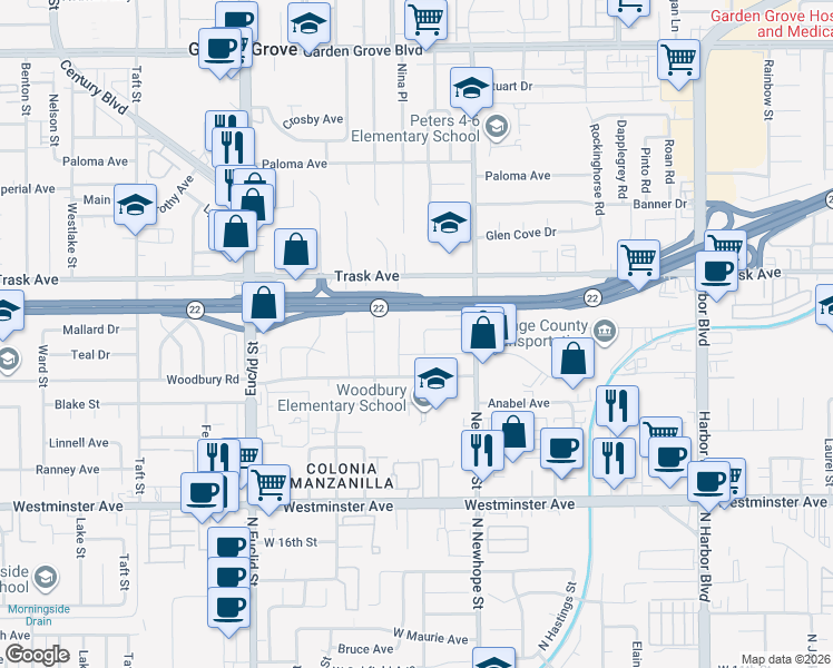 map of restaurants, bars, coffee shops, grocery stores, and more near 13621 Malibu Street in Garden Grove