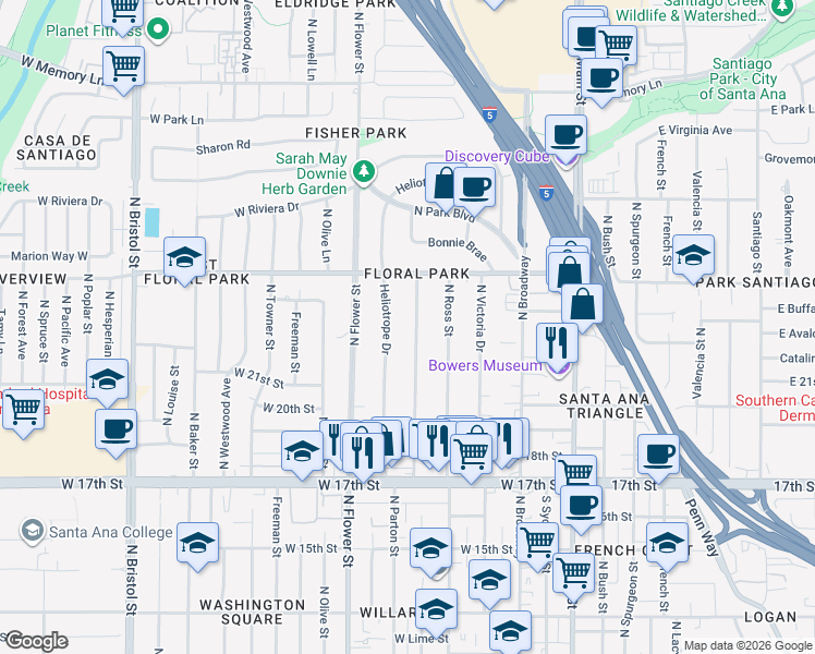map of restaurants, bars, coffee shops, grocery stores, and more near 2115 Heliotrope Drive in Santa Ana