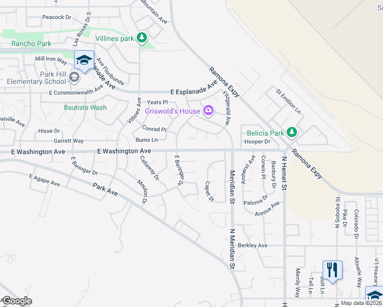map of restaurants, bars, coffee shops, grocery stores, and more near 1642 East Washington Avenue in San Jacinto