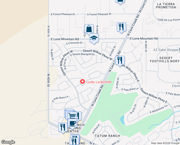map of restaurants, bars, coffee shops, grocery stores, and more near 4314 East Rancho Tierra Drive in Cave Creek
