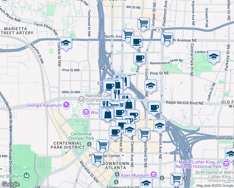 map of restaurants, bars, coffee shops, grocery stores, and more near 45 Ivan Allen Junior Boulevard Northwest in Atlanta