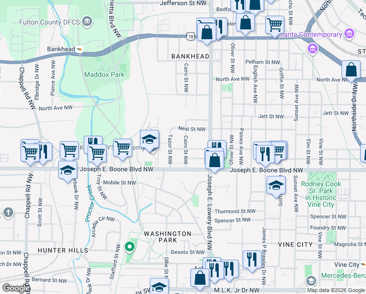 map of restaurants, bars, coffee shops, grocery stores, and more near 382 Cairo Street Northwest in Atlanta