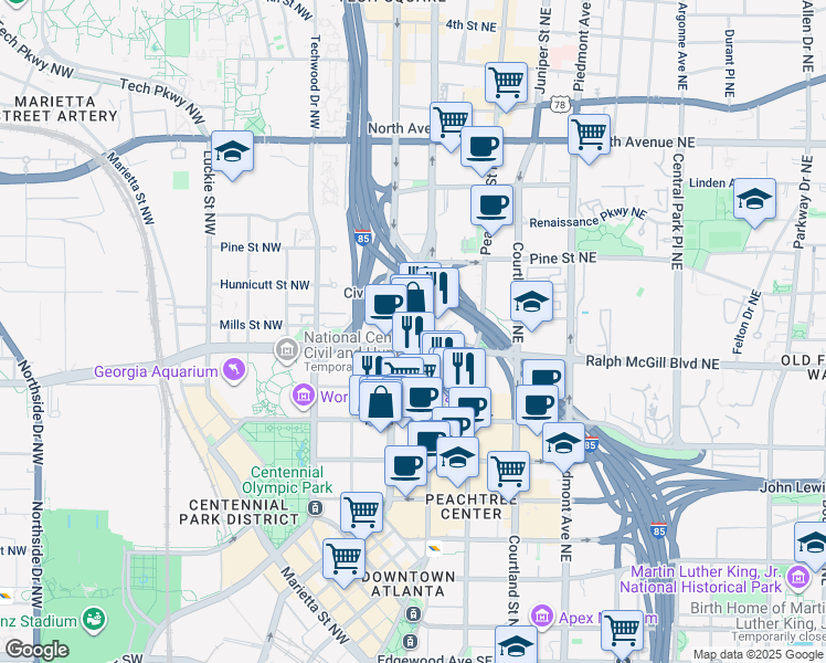 map of restaurants, bars, coffee shops, grocery stores, and more near 400 West Peachtree Street Northwest in Atlanta