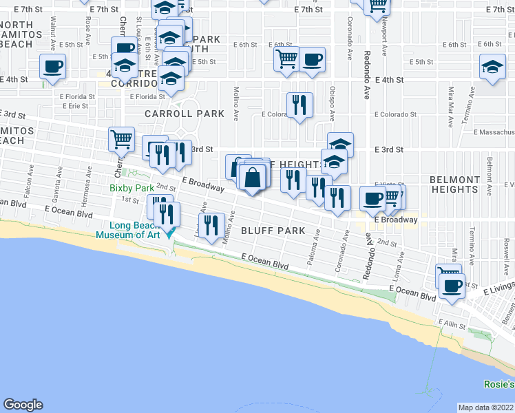 map of restaurants, bars, coffee shops, grocery stores, and more near 2757 East 2nd Street in Long Beach