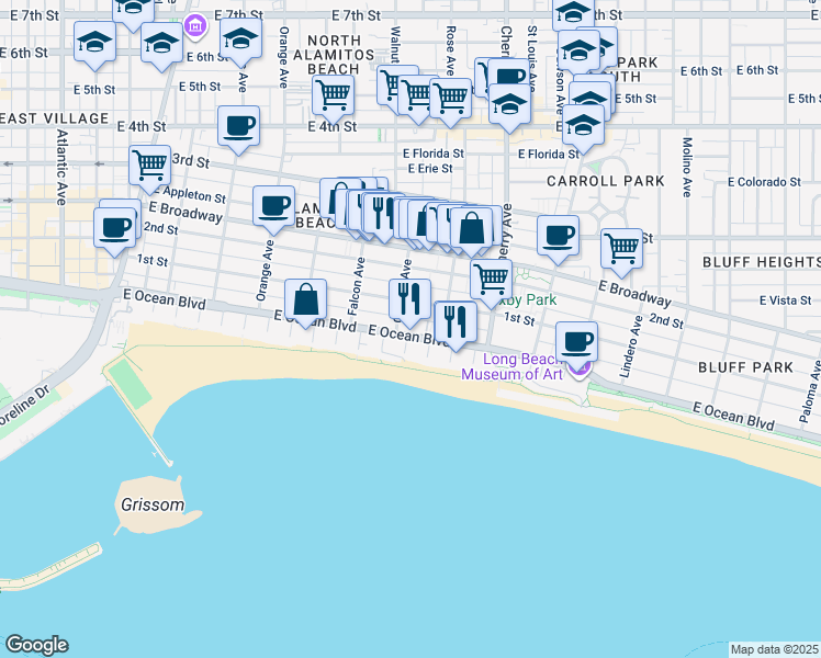 map of restaurants, bars, coffee shops, grocery stores, and more near 1719 East Ocean Boulevard in Long Beach