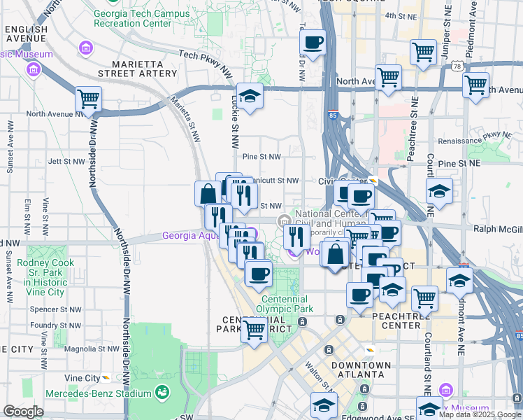 map of restaurants, bars, coffee shops, grocery stores, and more near 218 Mills Street Northwest in Atlanta