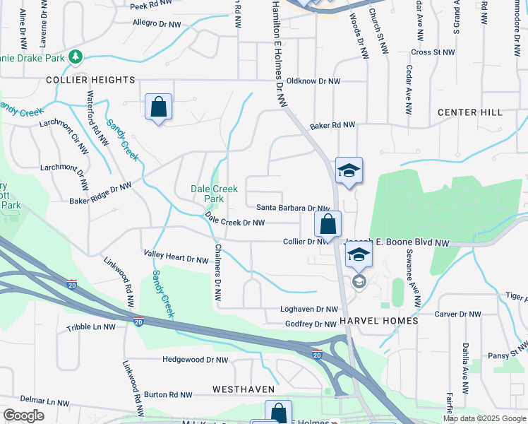 map of restaurants, bars, coffee shops, grocery stores, and more near 2632 Santa Barbara Drive Northwest in Atlanta