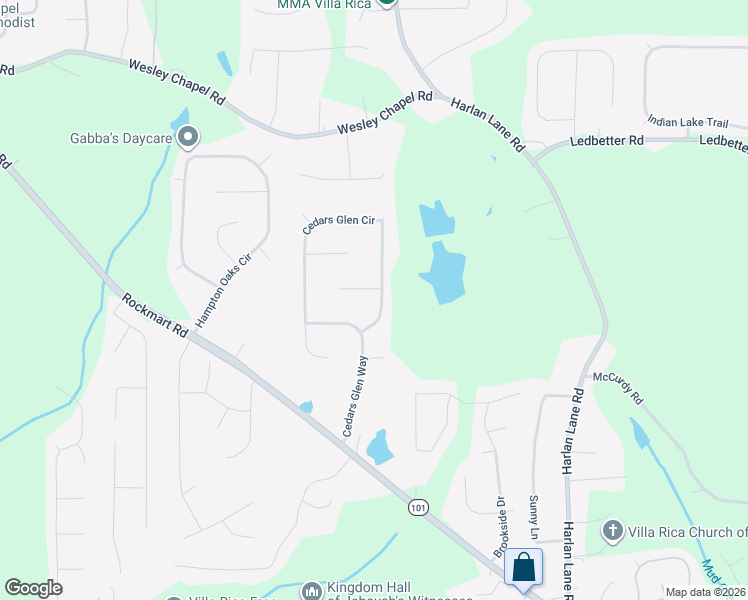 map of restaurants, bars, coffee shops, grocery stores, and more near 42 Cedars Glen Circle in Villa Rica