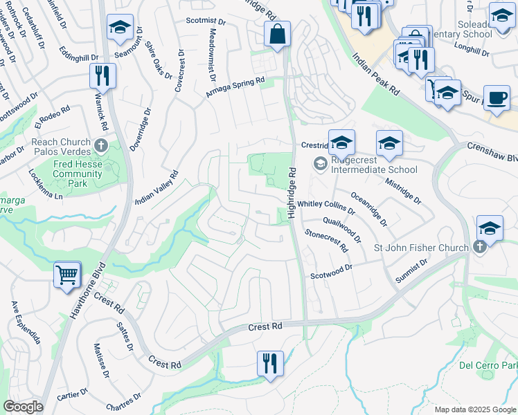 map of restaurants, bars, coffee shops, grocery stores, and more near 9 Arrowhead Lane in Rolling Hills Estates