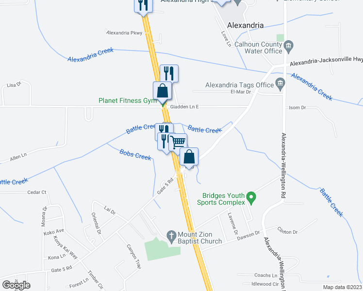 map of restaurants, bars, coffee shops, grocery stores, and more near 6408 U.S. 431 in Alexandria