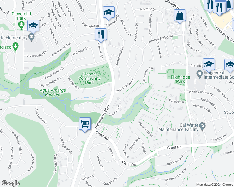 map of restaurants, bars, coffee shops, grocery stores, and more near 29450 Indian Valley Road in Rancho Palos Verdes