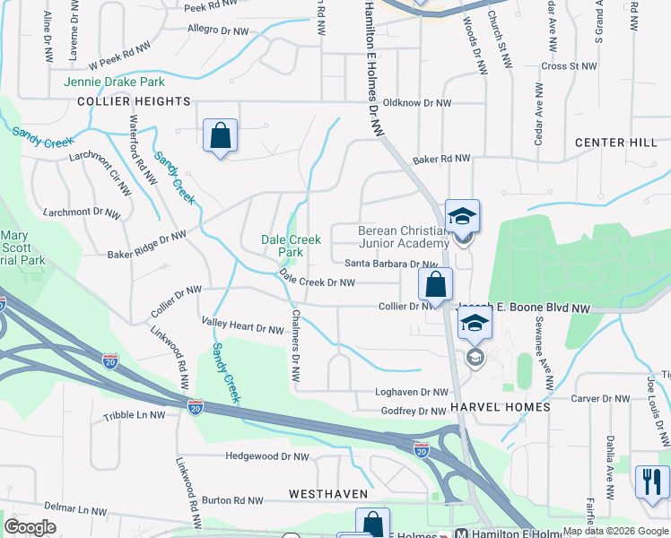 map of restaurants, bars, coffee shops, grocery stores, and more near 2666 Santa Barbara Dr NW in Atlanta