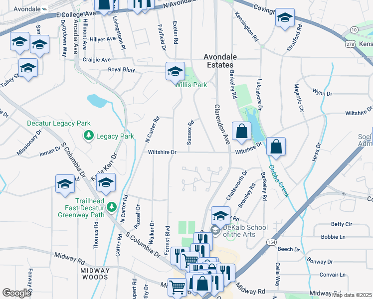 map of restaurants, bars, coffee shops, grocery stores, and more near 18 Wiltshire Drive in Avondale Estates