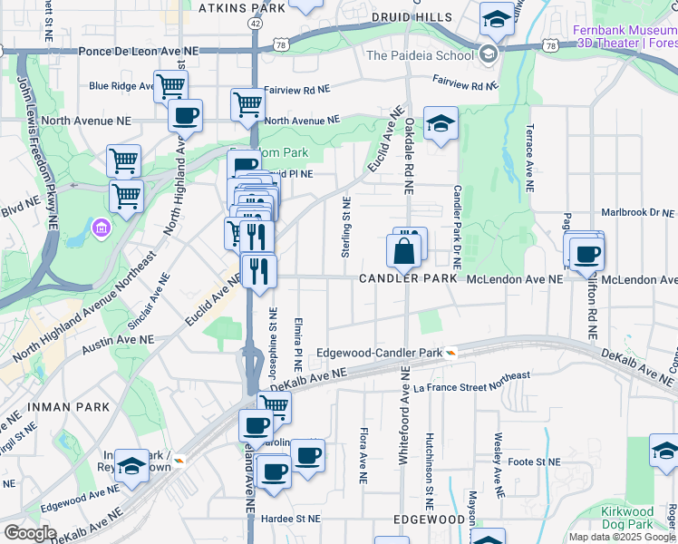 map of restaurants, bars, coffee shops, grocery stores, and more near 1300 McLendon Avenue Northeast in Atlanta