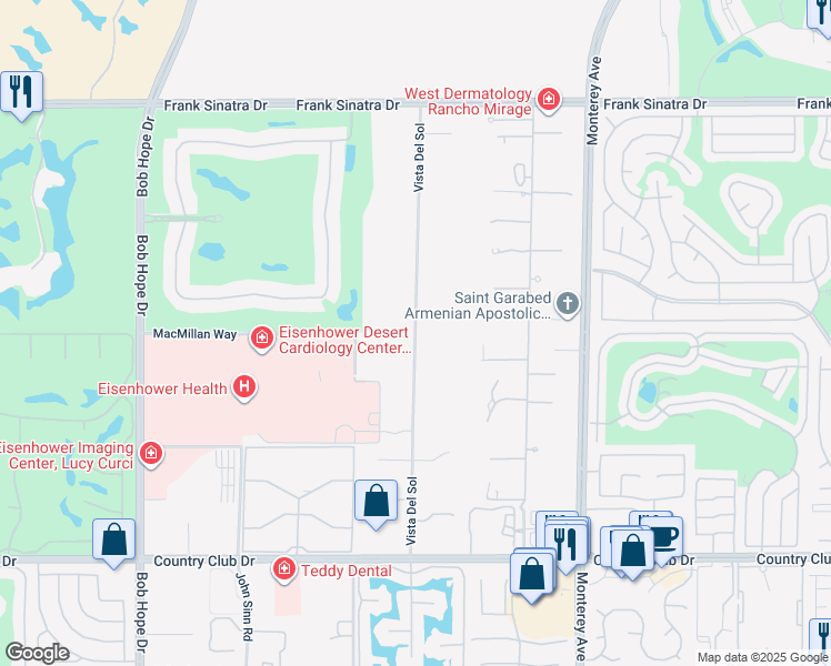 map of restaurants, bars, coffee shops, grocery stores, and more near Vista Del Sol in Rancho Mirage