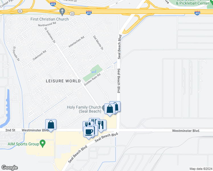 map of restaurants, bars, coffee shops, grocery stores, and more near 13671 Annandale Drive in Seal Beach