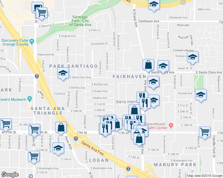 map of restaurants, bars, coffee shops, grocery stores, and more near 1015 East Avalon Avenue in Santa Ana