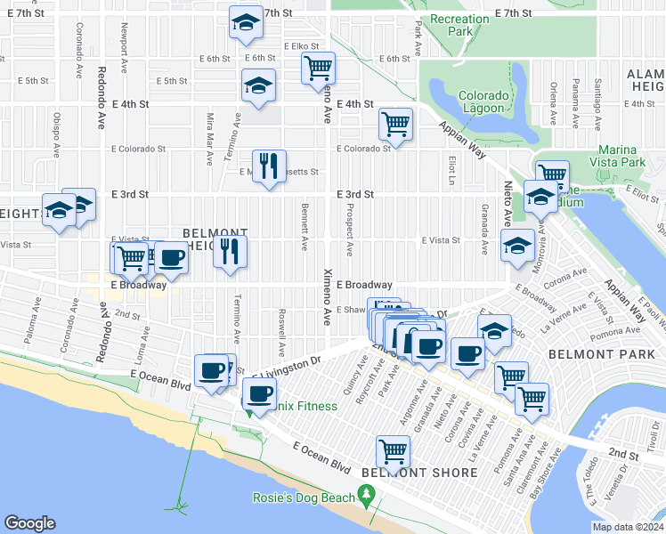 map of restaurants, bars, coffee shops, grocery stores, and more near 236 Ximeno Avenue in Long Beach