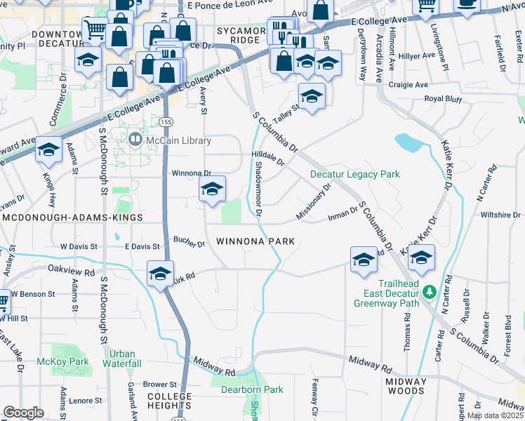 map of restaurants, bars, coffee shops, grocery stores, and more near 332 Shadowmoor Dr in Decatur