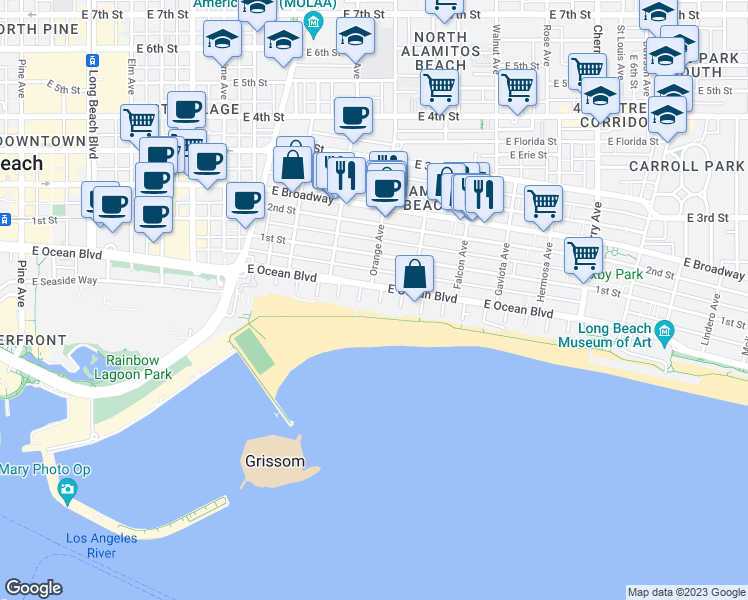 map of restaurants, bars, coffee shops, grocery stores, and more near 1200 East Ocean Boulevard in Long Beach