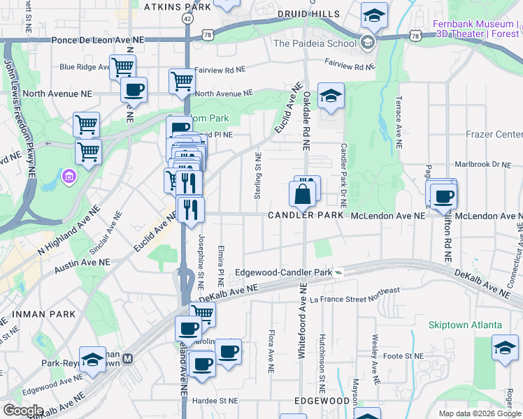 map of restaurants, bars, coffee shops, grocery stores, and more near 1300 McLendon Avenue Northeast in Atlanta