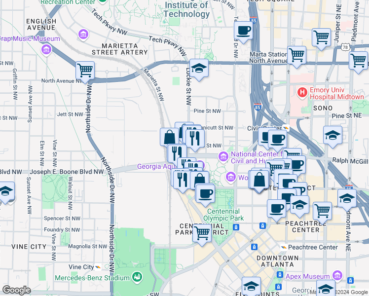 map of restaurants, bars, coffee shops, grocery stores, and more near 388 Luckie Street Northwest in Atlanta