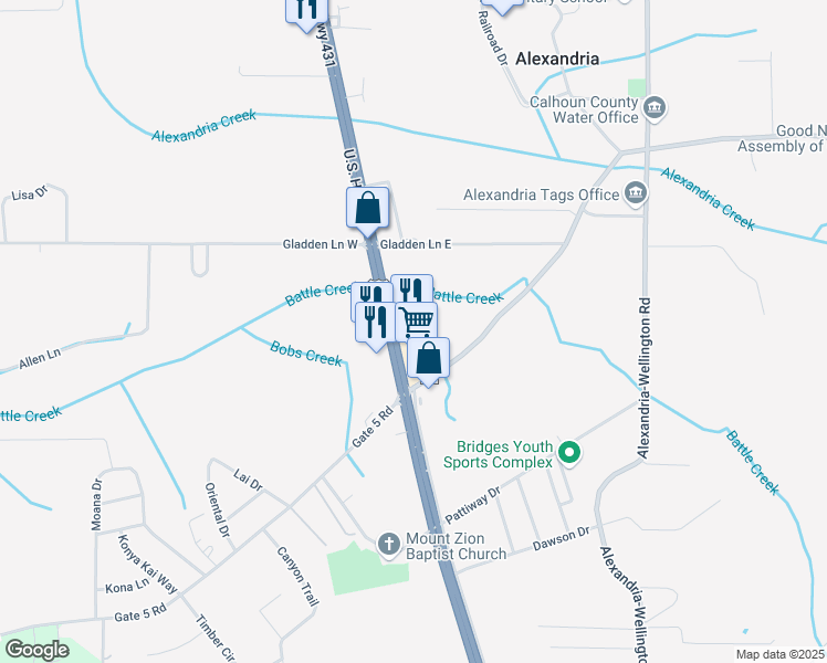 map of restaurants, bars, coffee shops, grocery stores, and more near 6404 U.S. 431 in Alexandria