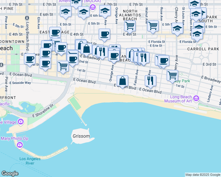 map of restaurants, bars, coffee shops, grocery stores, and more near 1200 East Ocean Boulevard in Long Beach