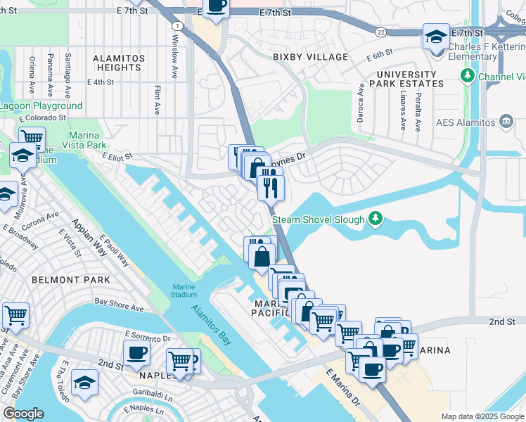map of restaurants, bars, coffee shops, grocery stores, and more near 6231 Majorca Circle in Long Beach