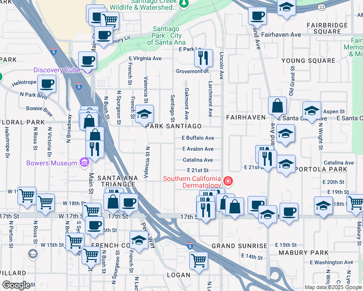 map of restaurants, bars, coffee shops, grocery stores, and more near 709 East Avalon Avenue in Santa Ana