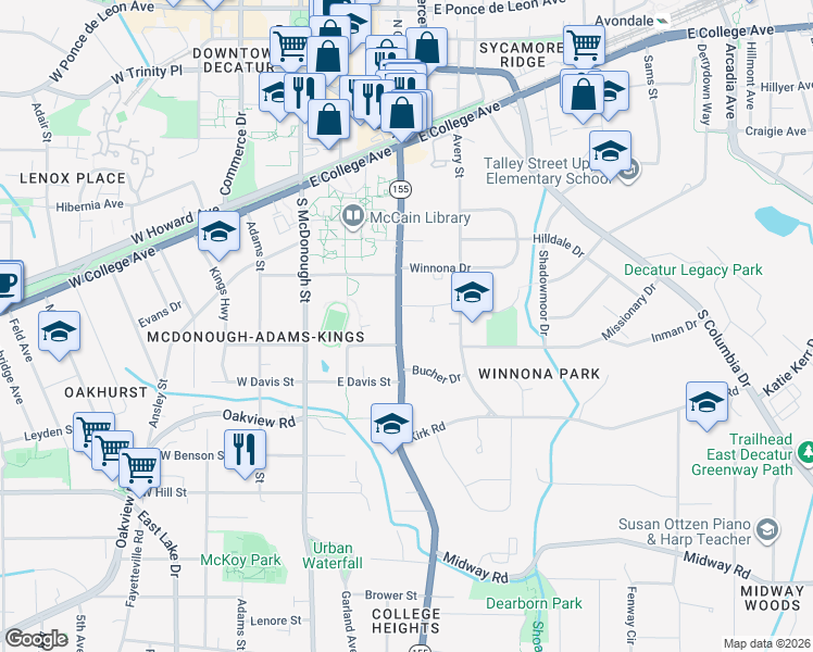 map of restaurants, bars, coffee shops, grocery stores, and more near 350 South Candler Street in Decatur
