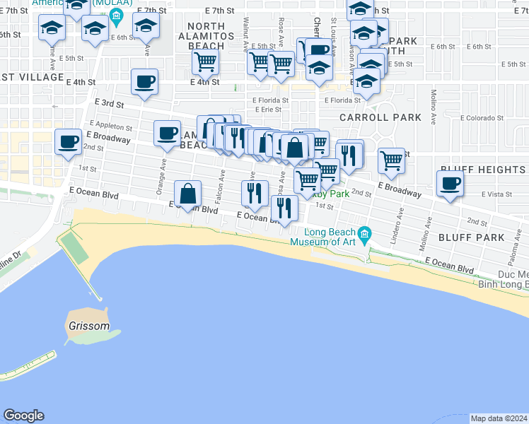 map of restaurants, bars, coffee shops, grocery stores, and more near 1745 East Ocean Boulevard in Long Beach