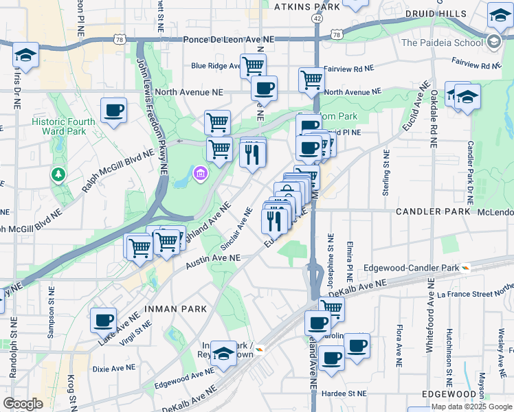 map of restaurants, bars, coffee shops, grocery stores, and more near 405 Sinclair Avenue Northeast in Atlanta